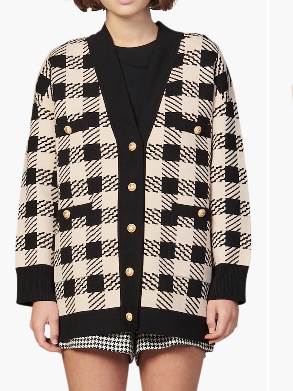 Black & Cream Plaid Button-Front Cardigan with Gold Buttons